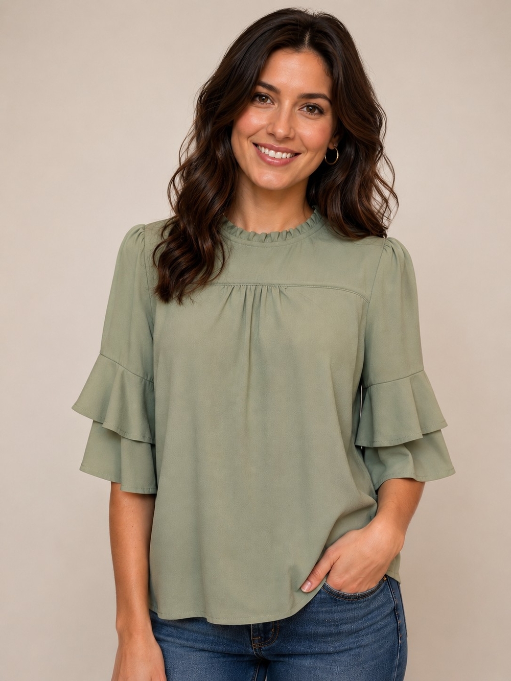 Monteau Light Sage Ruffle Yoke Tiered Sleeve Blouse